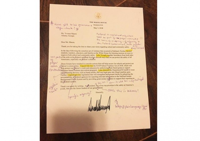 Учительница исправила ошибки в письме Трампа и отправила его обратно